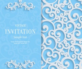 White swirl floral with blue invitation card vector 02