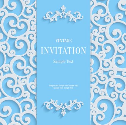 White swirl floral with blue invitation card vector 03