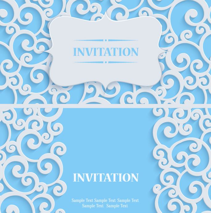 White swirl floral with blue invitation card vector 05
