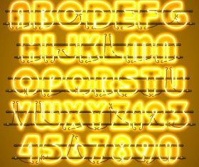 Yellow neon alphabet with numbers vector