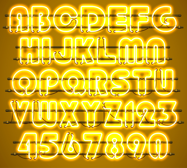 Yellow neon alphabet with numbers vector