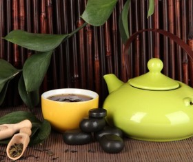 Asian tea set on bamboo background Stock Photo 01