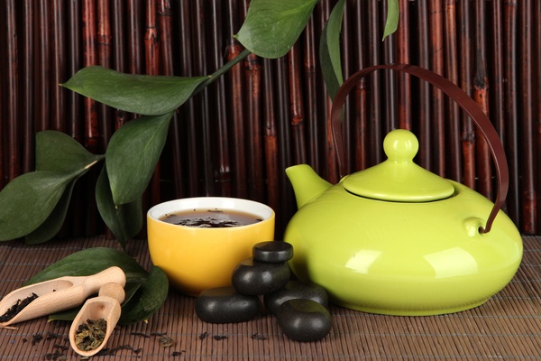 Asian tea set on bamboo background Stock Photo 01
