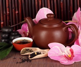 Asian tea set on bamboo background Stock Photo 02
