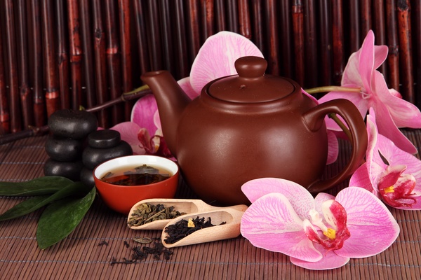 Asian tea set on bamboo background Stock Photo 02