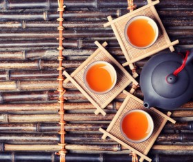 Asian tea set on bamboo background Stock Photo 03