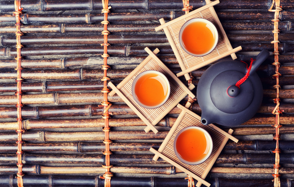 Asian tea set on bamboo background Stock Photo 03