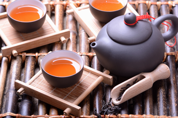 Asian tea set on bamboo background Stock Photo 04