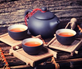 Asian tea set on bamboo background Stock Photo 05