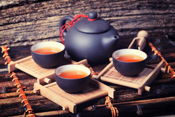 Asian tea set on bamboo background Stock Photo 05