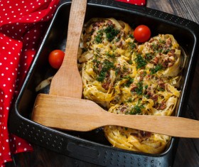 Baked macaroni and cheese stuffed with ketchup Stock Photo 02