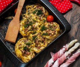 Baked macaroni and cheese stuffed with ketchup Stock Photo 05