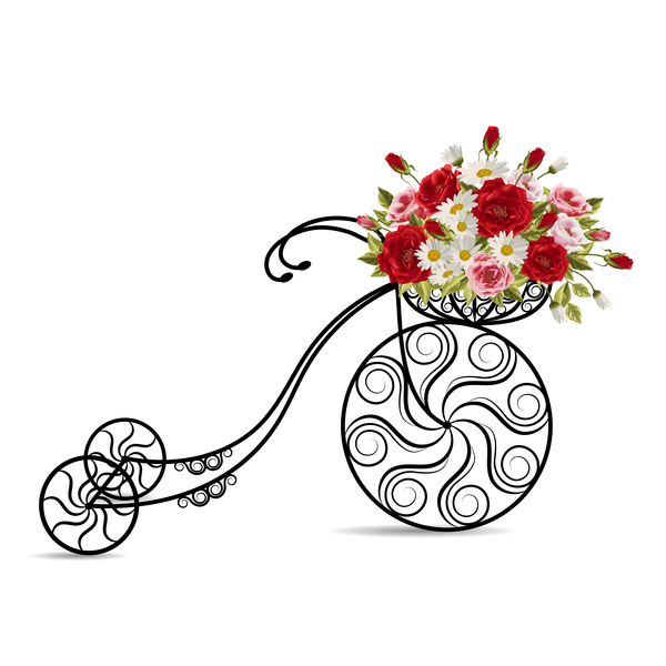 Black bicycle with flower basket vector 01