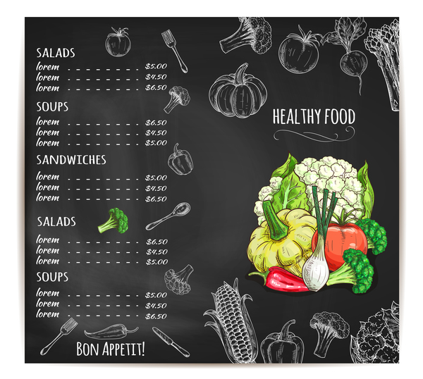 Black restaurant menu with vegetables vector