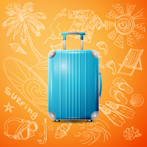 Blue Trolley case with travel background vector