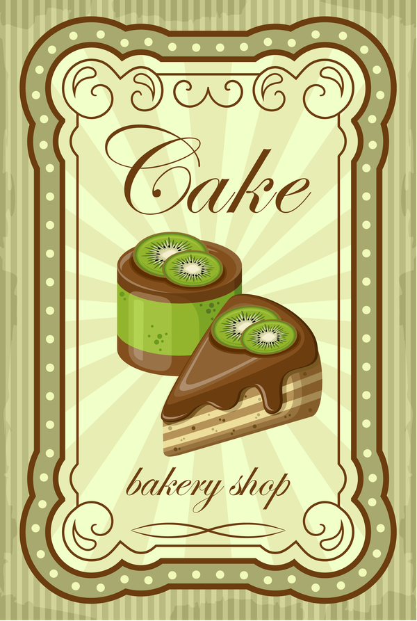 Cake with bakery shop retor poster vector 01
