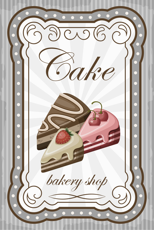 Cake with bakery shop retor poster vector 03