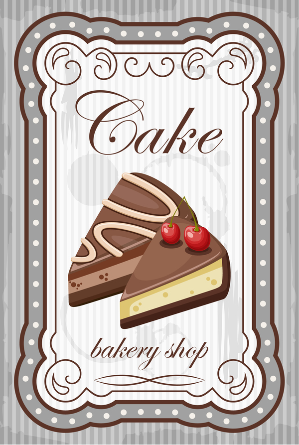 Cake with bakery shop retor poster vector 04