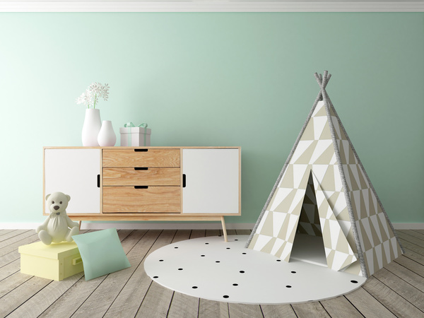 Children's small tent inside the bedroom Stock Photo