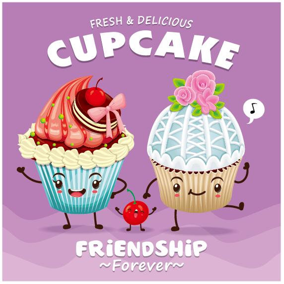 Cute cupcake character cartoon poster vecotr 03
