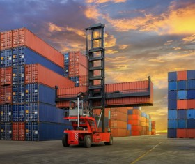 Dock loading forklifts Stock Photo
