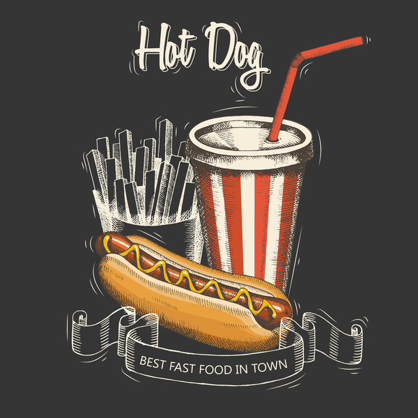 Fast food hot dog black menu cover vector