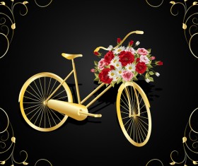 Golden bicycle with flower basket vector 01