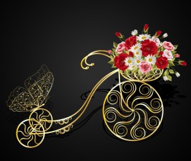 Golden bicycle with flower basket vector 02