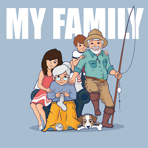 Granparents and children with dog vector 01