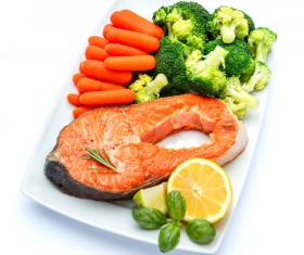 Grilled salmon with a mix of vegetables Stock Photo