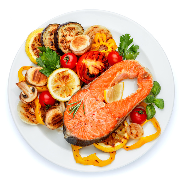Grilled salmon with grilled vegetables Stock Photo 01