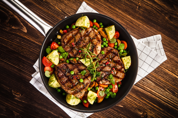 Grilled steak baked potatoes and vegetables Stock Photo 02