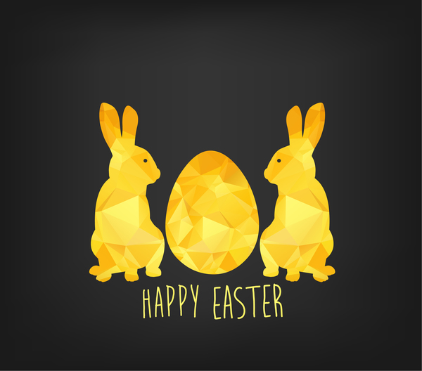Happy easter greeting card with polygon golden bunny and egg vector 01