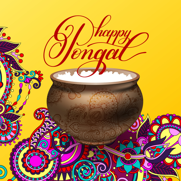 Happy pongal festival with decor floral vector material 01