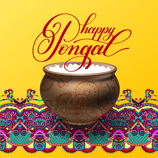 Happy pongal festival with decor floral vector material 02
