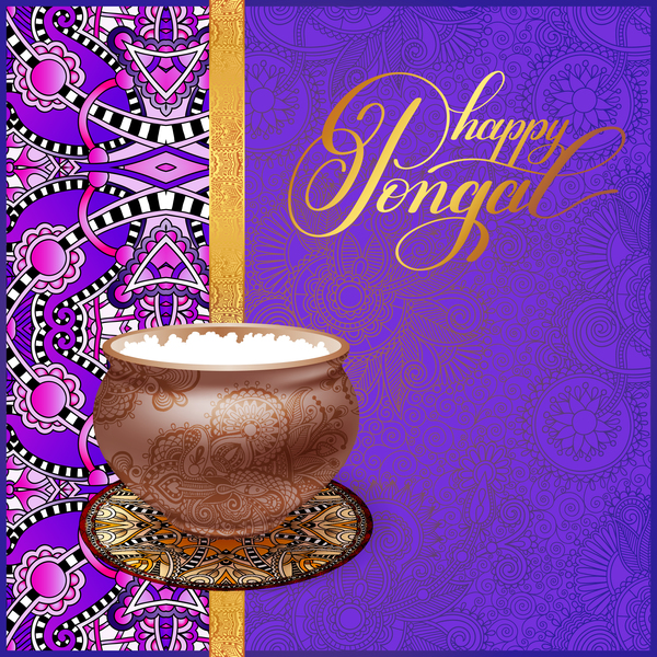 Happy pongal festival with decor floral vector material 04