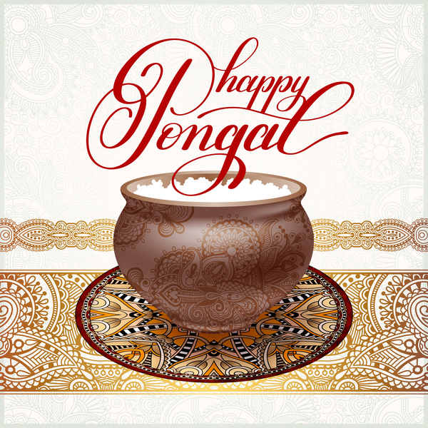 Happy pongal festival with decor floral vector material 06