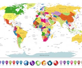 Highly detailed political world map with globes and navigation icons vector