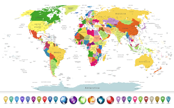Highly detailed political world map with globes and navigation icons vector