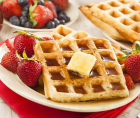 Honey Strawberries Waffles Stock Photo