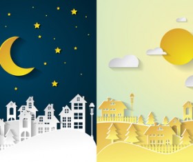 Landscape city village with nightime and daytime urban cartoon vector