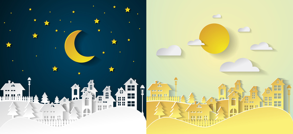 Landscape city village with nightime and daytime urban cartoon vector