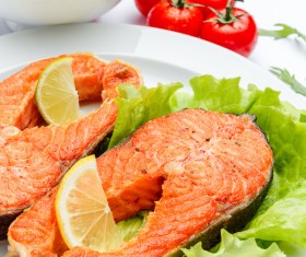 Lemon grilled salmon with vegetables Stock Photo