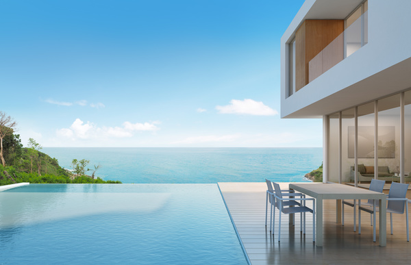 Luxury beach house with sea view pool in modern design Stock Photo 03