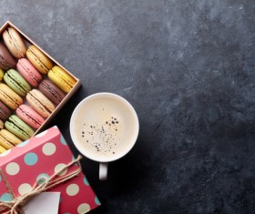 Macaron in the box with coffee Stock Photo