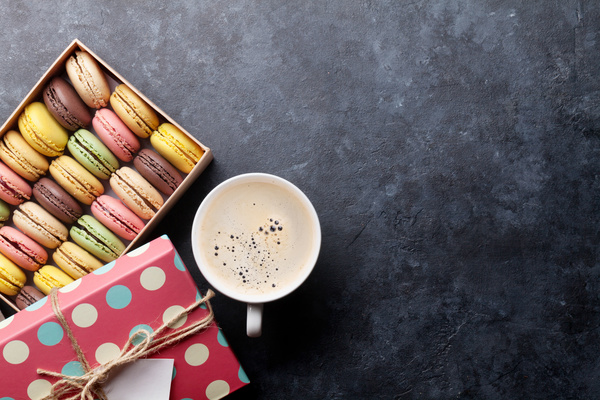 Macaron in the box with coffee Stock Photo