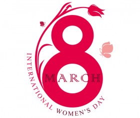 March 8 Happy Women Day. Flat simple symbol Eight with flower and butterfly vector