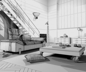 Modern loft with a kitchen and living room Stock Photo 05