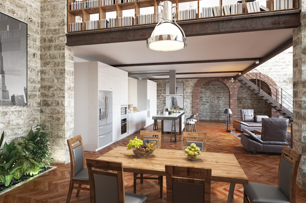Modern loft with a kitchen and living room Stock Photo 09
