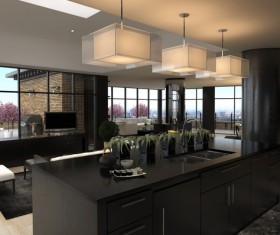 Modern loft with a kitchen and living room Stock Photo 10